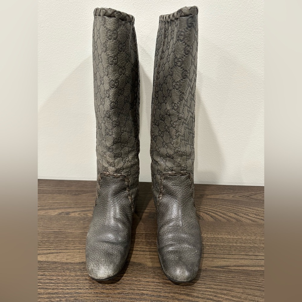 Gucci Gray Monogram Leather Boots